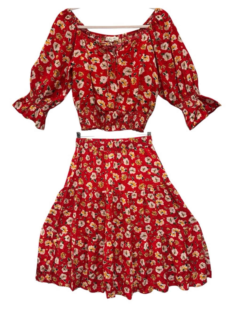 🌺 Indigo Rose Red Floral 2-Piece Set – Boho Crop Top & Midi Skirt – Size M - Picture 2 of 10
